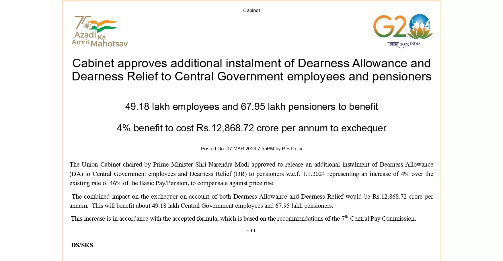 Union Cabinet Approves 4% Dearness Allowance Hike - DA Hiked To 50%